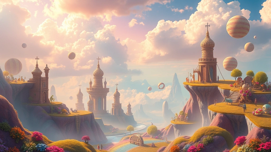 Colorful dreamlike surreal landscape with floating platforms and whimsical environments, vibrant rainbow colors and magical atmosphere, peaceful yet dynamic