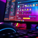 Close-up of computer monitor displaying a colorful save game editor interface with various character stats and inventory items visible, gaming mouse and keyboard in foreground, professional gaming setup with RGB lighting