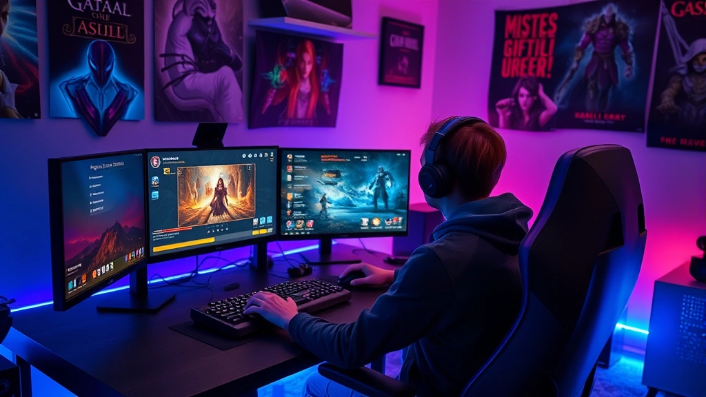 Gamer sitting at desk surrounded by multiple monitors, one showing an RPG game with character progression screen, hands on gaming peripherals, modern gaming room with ambient lighting and gaming posters on walls