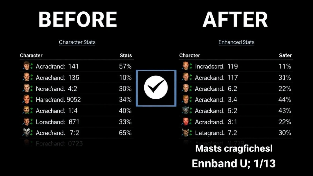 Split-screen showing before and after game states - left side shows original character stats, right side shows modified enhanced stats, digital overlay with checkmark indicating successful save modification, clean professional presentation