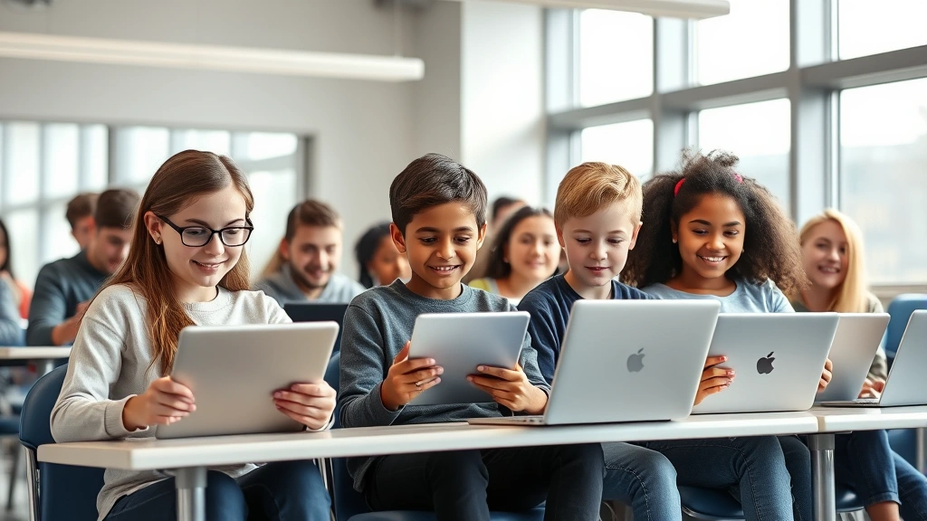 Diverse group of middle school students sitting in modern classroom, enthusiastically engaged with tablets and laptops, bright natural lighting from windows, collaborative learning environment, focused expressions showing genuine interest
