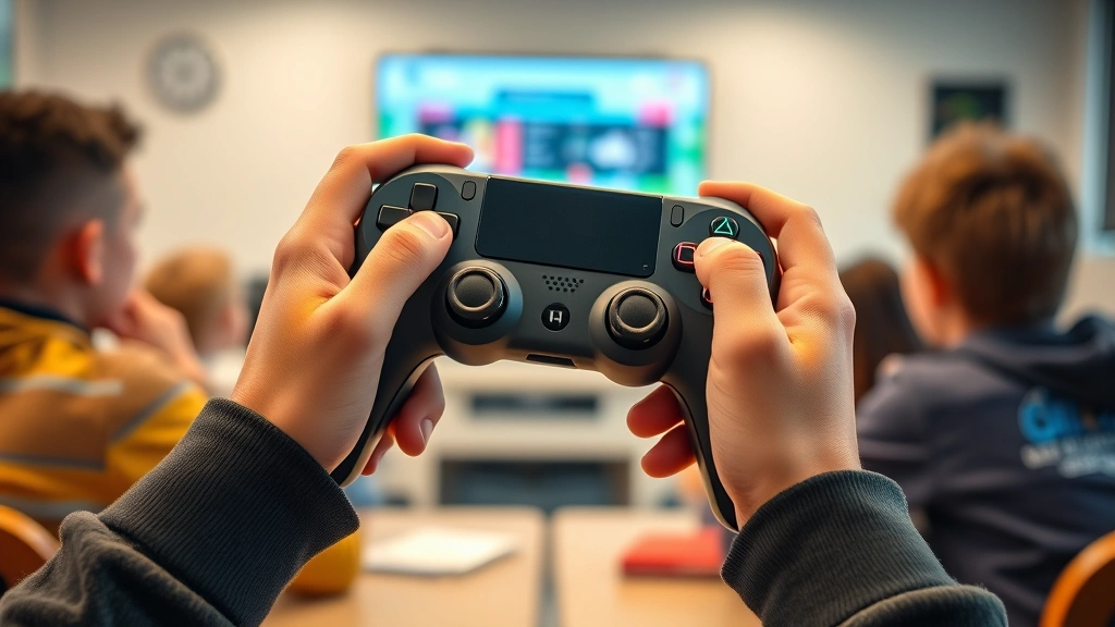 Close-up of student hands holding gaming controller with educational app displayed on screen behind them, warm lighting, blurred classroom background with other students learning together