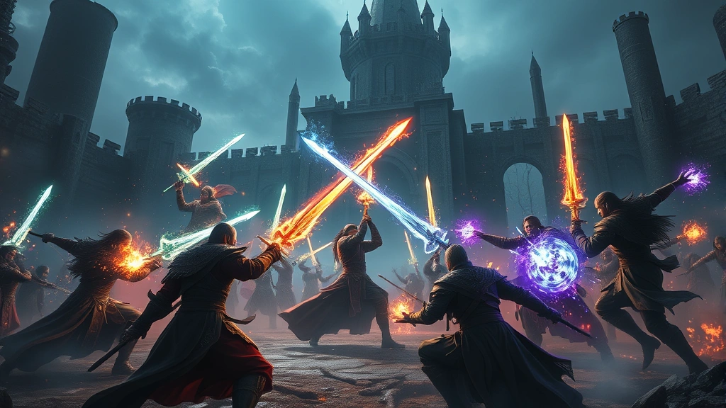 Epic fantasy RPG battle scene with glowing magical effects, multiple characters with swords and spells clashing, dark castle ruins in background, photorealistic lighting and shadows, no UI elements or text