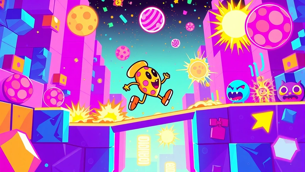 Colorful retro-style pizza-themed platformer character jumping through vibrant neon pixel levels with geometric enemies, explosive action and movement, bright arcade aesthetic, no game menus or text overlays