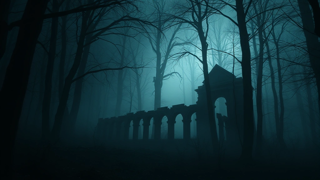 Atmospheric dark horror forest environment with mysterious fog, ancient ruins, dramatic lighting contrasts between shadows and ethereal glow, moody cinematic composition, photorealistic environmental detail