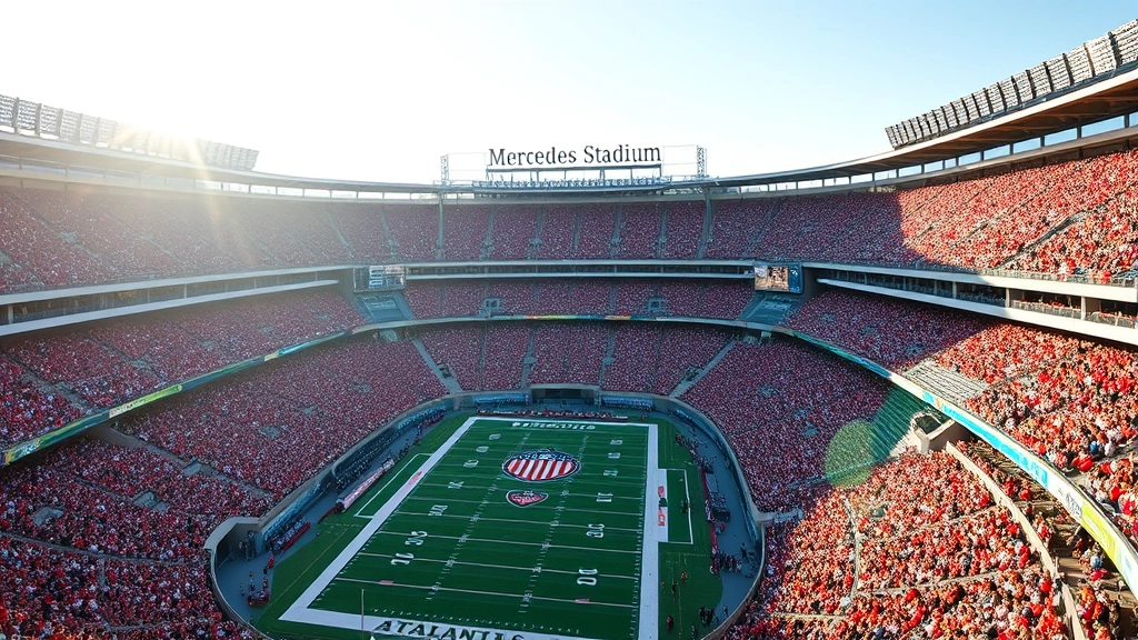 Overhead stadium view of Mercedes-Benz Stadium in Atlanta filled with thousands of enthusiastic college football fans wearing team colors, bright afternoon sunlight, championship atmosphere