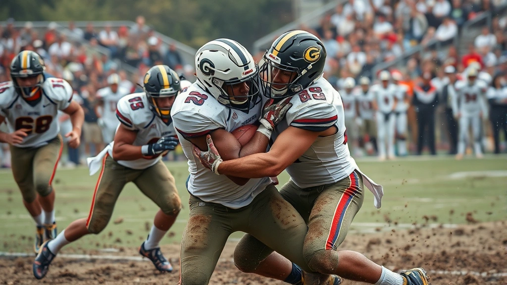 Dynamic action shot of college football players in intense physical competition during championship game, defensive player tackling offensive player, muddy field, dramatic moment