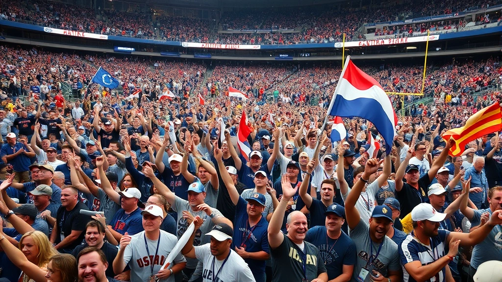 Wide crowd shot of passionate SEC Championship Game spectators celebrating in stadium stands, waving flags and foam fingers, diverse crowd, electric championship weekend energy