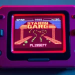 Vibrant handheld gaming device from 1990s era with backlit color screen displaying retro video game, realistic photography, no UI elements or game menus visible
