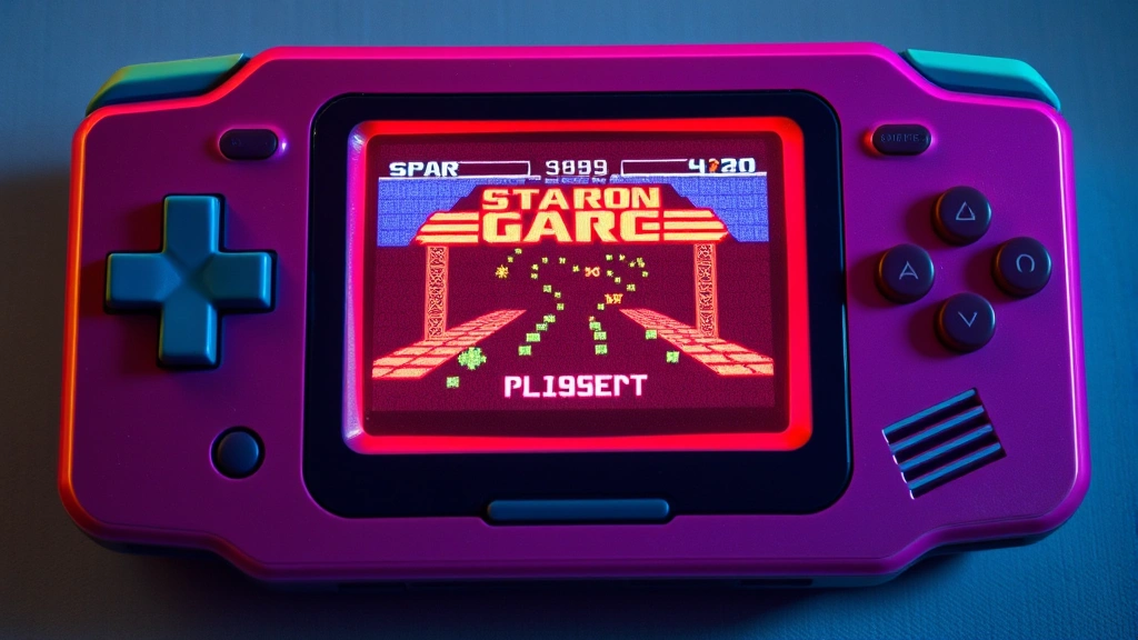 Vibrant handheld gaming device from 1990s era with backlit color screen displaying retro video game, realistic photography, no UI elements or game menus visible