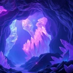 Vast underground cavern filled with massive translucent purple and blue crystal formations, bioluminescent minerals glowing softly, ethereal light refracting through crystalline structures, photorealistic geological wonder, no game UI or text visible