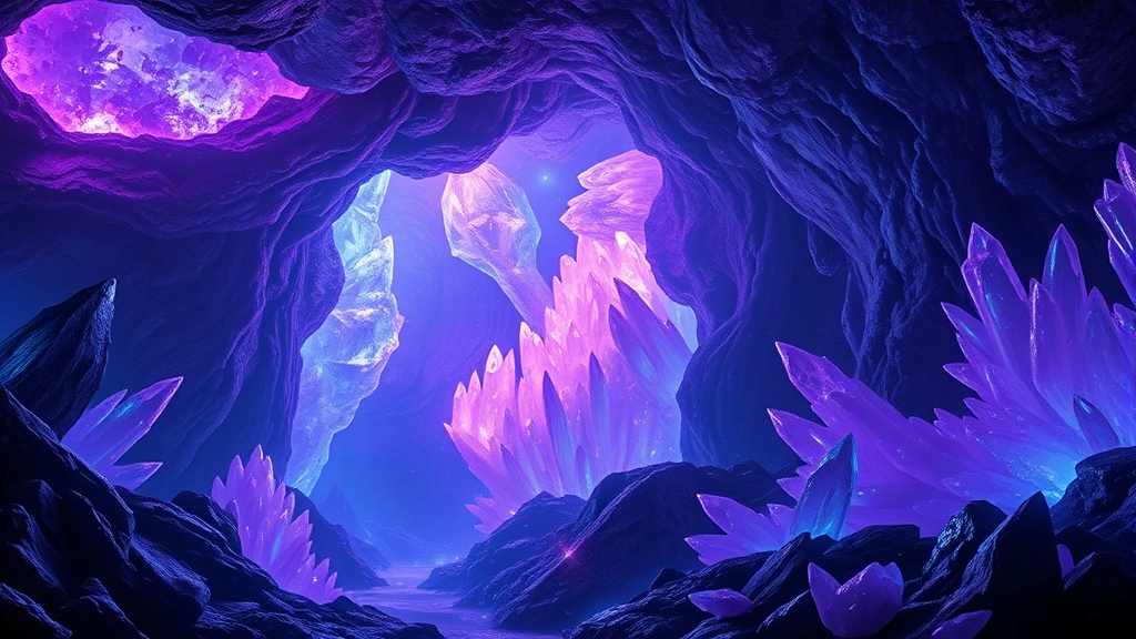 Vast underground cavern filled with massive translucent purple and blue crystal formations, bioluminescent minerals glowing softly, ethereal light refracting through crystalline structures, photorealistic geological wonder, no game UI or text visible