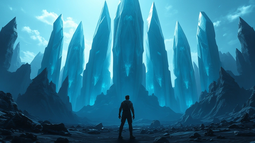 Player character standing before towering geometric crystal spires in alien dimension, cool-colored luminescent minerals dominating landscape, dramatic lighting creating deep shadows, sense of scale and majesty, photorealistic fantasy environment without interface elements