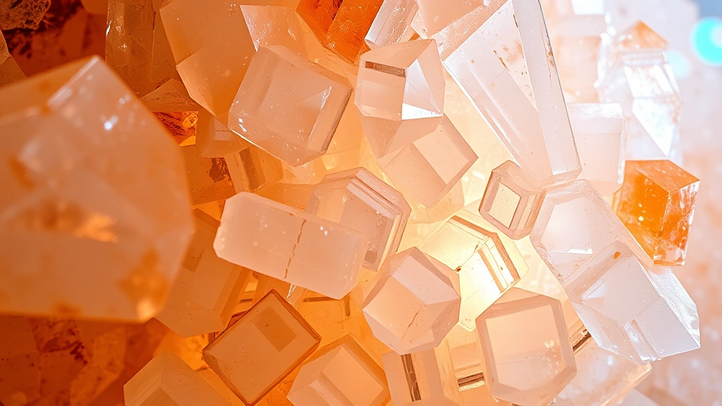 Intricate close-up of interconnected selenite crystals with complex geometric patterns, warm and cool colors blending naturally, light refraction creating rainbow effects, mineral formations showing mathematical precision, no text or HUD elements visible