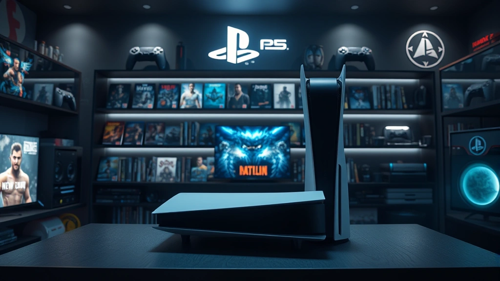 Photorealistic photo of a PlayStation 5 console displayed in a modern gaming room with multiple games displayed on shelves, moody atmospheric lighting, gaming memorabilia visible in background, no text or menus