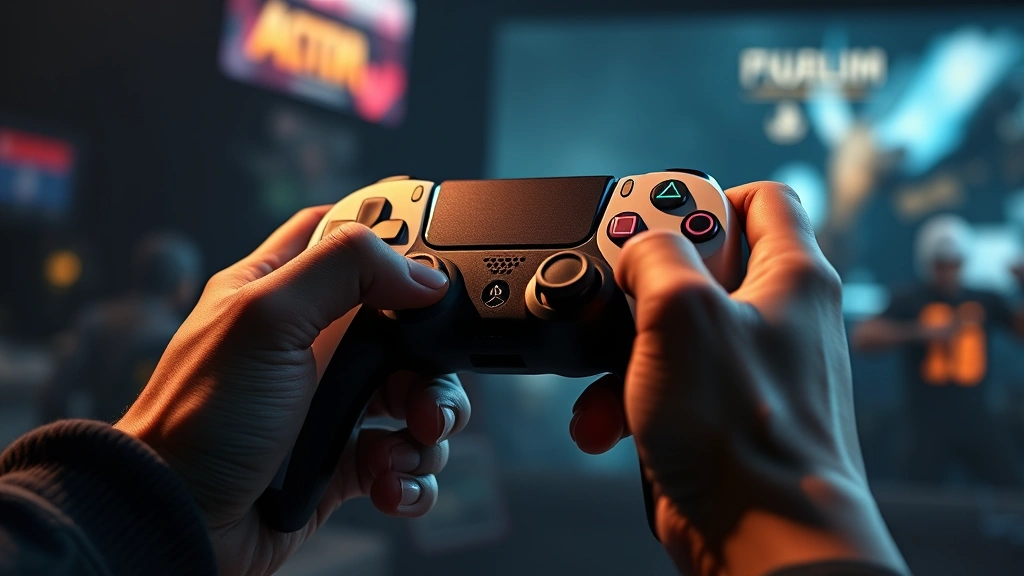 Photorealistic image of a gamer's hands holding a PlayStation 5 DualSense controller while playing an action game, dramatic lighting highlighting the controller details, immersive gaming moment, no screen or game UI visible