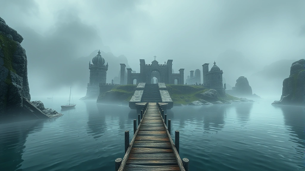 Mystical island with ancient stone structures, fog-covered landscape, docks leading to mysterious architecture, photorealistic game environment, no UI elements
