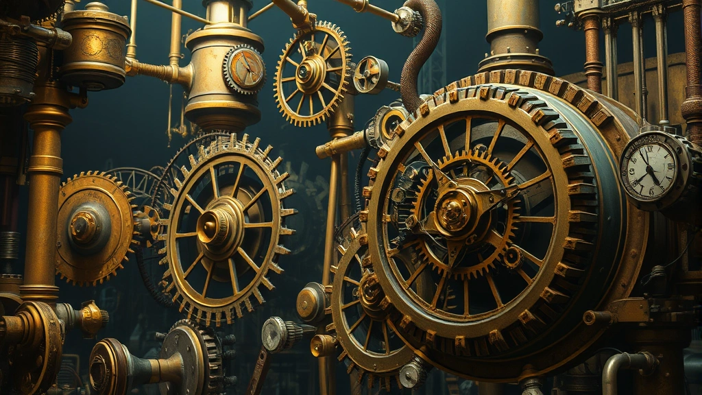Intricate mechanical gears and clockwork machinery in surreal industrial setting, brass and metal structures, atmospheric lighting, no visible text or menus