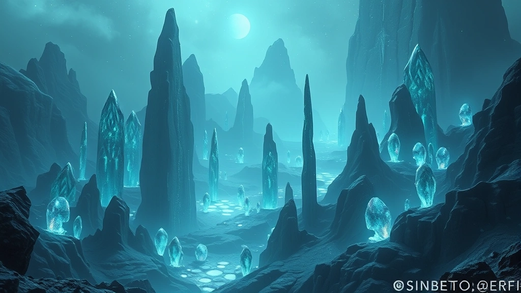 Ethereal crystalline formations in alien world, bioluminescent elements, otherworldly landscape with impossible geometry, photorealistic fantasy environment, no game interface visible