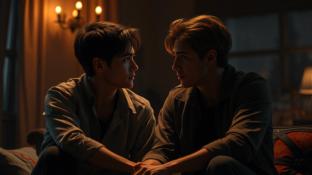 Two characters sitting close together in a dimly lit room, intense eye contact, warm atmospheric lighting, cinematic depth of field, photorealistic digital art style, emotional tension visible in their expressions