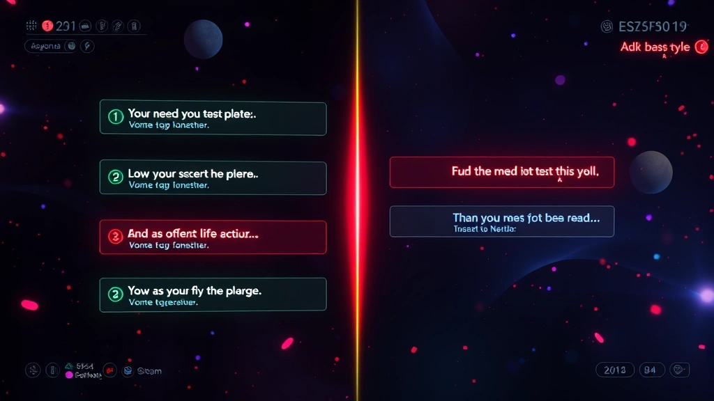 Split-screen showing multiple dialogue choice options floating in digital space, glowing interface elements, abstract flowing particles around text, modern gaming UI aesthetic, vibrant neon colors against dark background