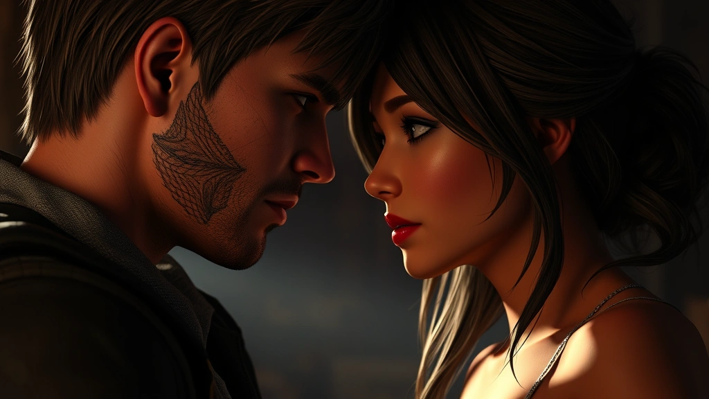 Intimate close-up of two game characters in conversation, soft dramatic lighting casting shadows, detailed facial expressions showing vulnerability and connection, romantic gaming scene, photorealistic character models in confined space