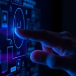 Close-up of hands performing precise scratch gesture on touchscreen with blue and purple shadow effects glowing around fingertips