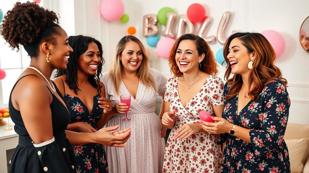 Group of diverse women laughing together at a bridal shower celebration, playing an interactive party game with colorful props and decorations visible in the background