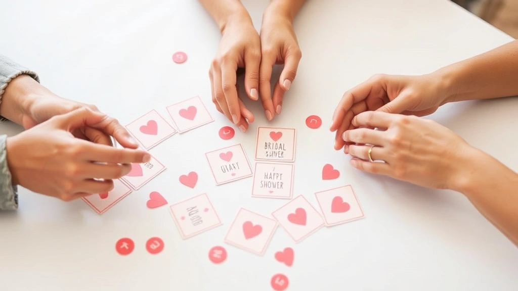 Close-up of hands playing a bridal shower game with wedding-themed cards and tokens scattered on a white table, showing genuine excitement and engagement