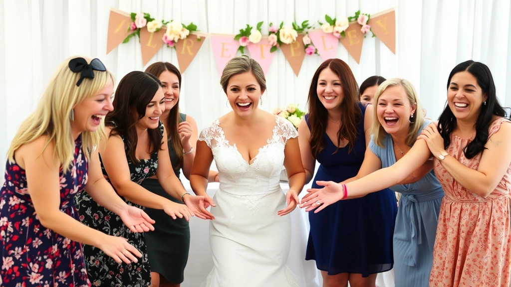 Bride surrounded by smiling guests participating in a fun relay race game at a bridal shower, with decorative bunting and flowers in soft focus behind them