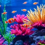 Photorealistic screenshot of a colorful aquarium with vibrant shrimp characters swimming among coral and underwater plants, bright bioluminescent lighting, peaceful gaming environment, no UI elements