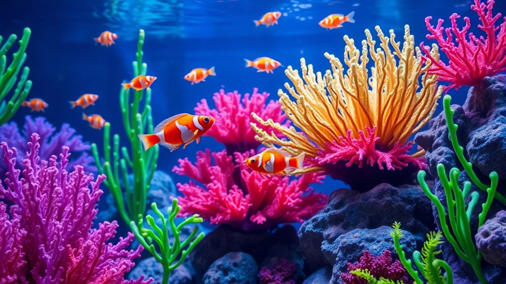 Photorealistic screenshot of a colorful aquarium with vibrant shrimp characters swimming among coral and underwater plants, bright bioluminescent lighting, peaceful gaming environment, no UI elements