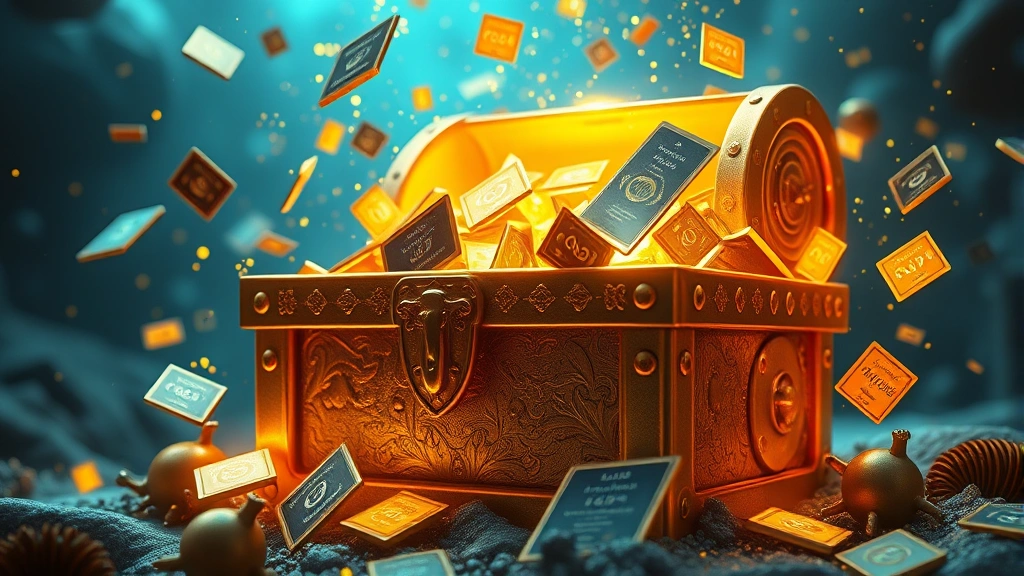 Close-up of glowing golden treasure chest overflowing with shimmering digital rewards and code cards floating around it, underwater themed, magical particle effects, gaming reward visualization