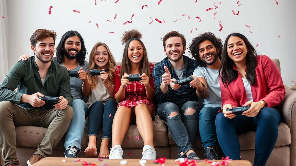 Diverse group of gamers sitting together on a comfortable couch holding gaming controllers, celebrating with confetti, happy expressions, natural lighting, community gaming atmosphere, no screens visible