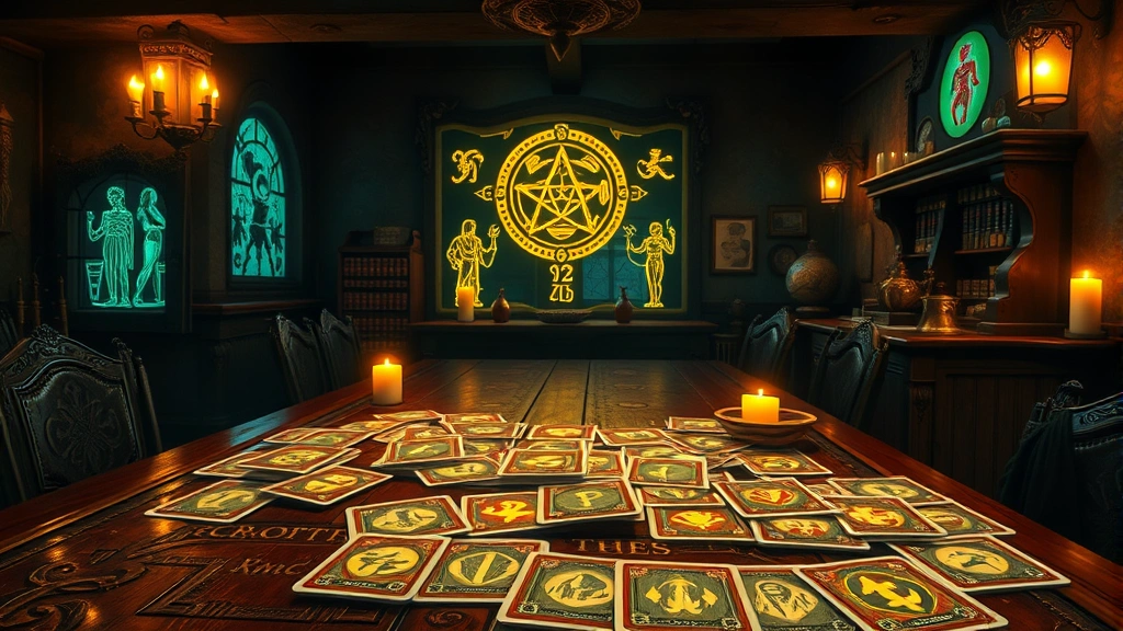 A vibrant fantasy tavern scene showing a glowing deck of magical cards spread across an ornate wooden table, with mystical runes glowing in the background, photorealistic lighting, warm candlelight