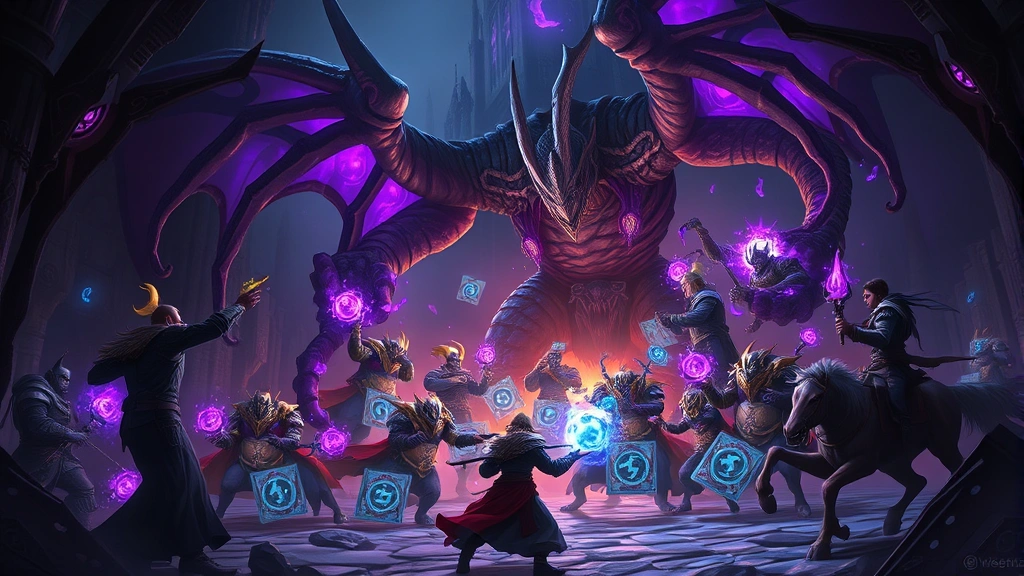 An epic battle moment between a player's assembled card army and a towering boss monster in a dark dungeon setting, dramatic lighting with purple and blue magical effects, photorealistic fantasy art style