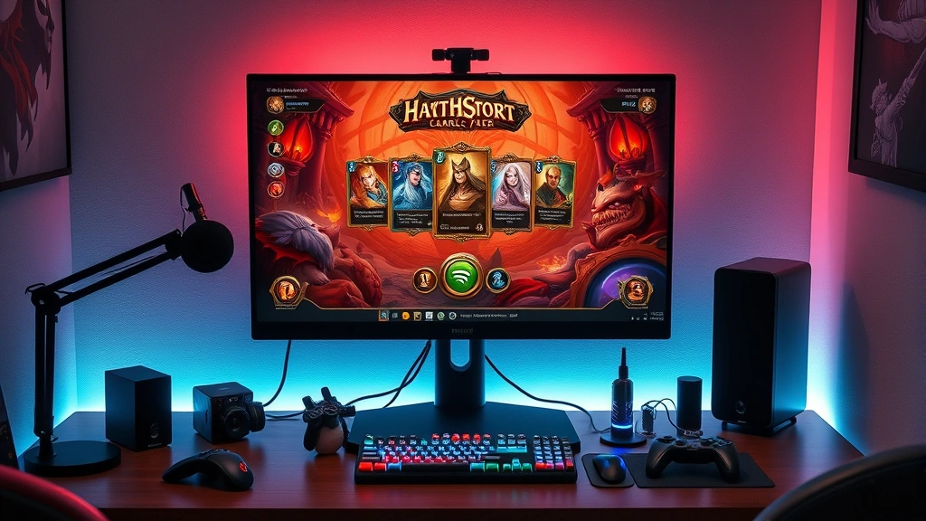 A cozy gaming setup showing a monitor displaying a beautiful card game interface with intricate card artwork, surrounded by gaming peripherals and soft ambient lighting, photorealistic modern gaming space