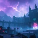 Atmospheric fantasy game scene with glowing magical elements, mysterious ancient architecture, moody lighting with purples and blues, cinematic composition showing vast mystical landscape with no UI or text visible