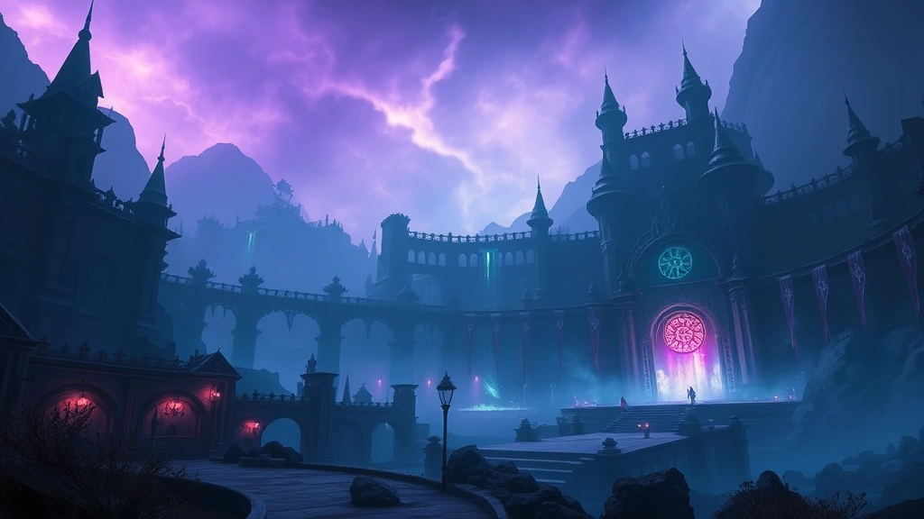 Atmospheric fantasy game scene with glowing magical elements, mysterious ancient architecture, moody lighting with purples and blues, cinematic composition showing vast mystical landscape with no UI or text visible