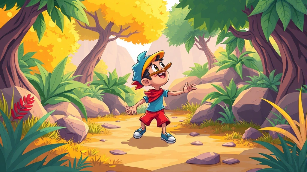 Colorful indie game character in vibrant environment, dynamic action pose, artistic hand-drawn style aesthetic, lush natural surroundings with bright contrasting colors, no game menus or interface elements