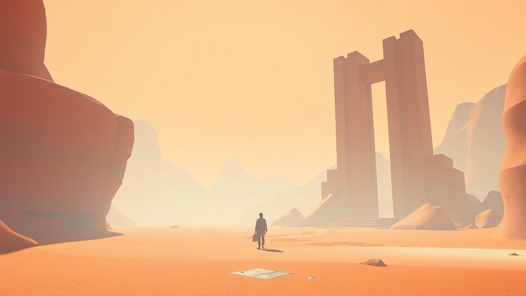 Minimalist game world with striking visual art direction, peaceful exploration scene with unique color palette, surreal environment design, contemplative mood with interesting architectural or natural formations, no visible text or HUD