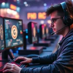 Professional gamer at high-end gaming PC setup with multiple monitors, mechanical keyboard, gaming mouse, RGB lighting, immersed in gameplay, photorealistic lighting, esports arena environment, serious expression