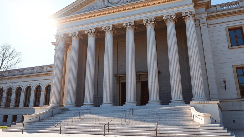 Professional courthouse building exterior with classical architecture, sunlight streaming through columns, no people visible, photorealistic, daytime setting, marble steps leading to entrance