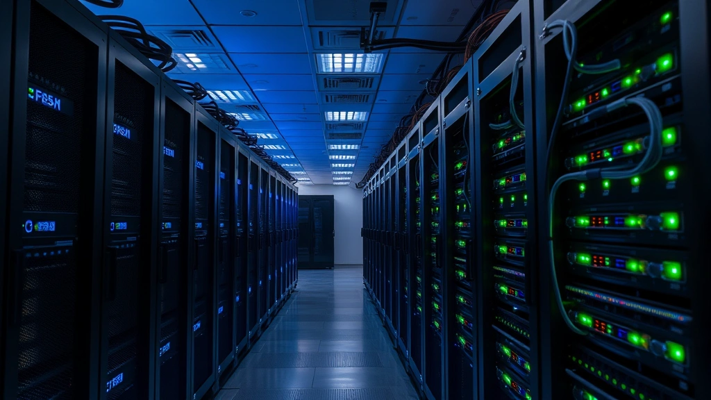Computer server room with rows of networking equipment, blue and green indicator lights glowing, cables organized, dim professional lighting, no text visible on equipment, photorealistic