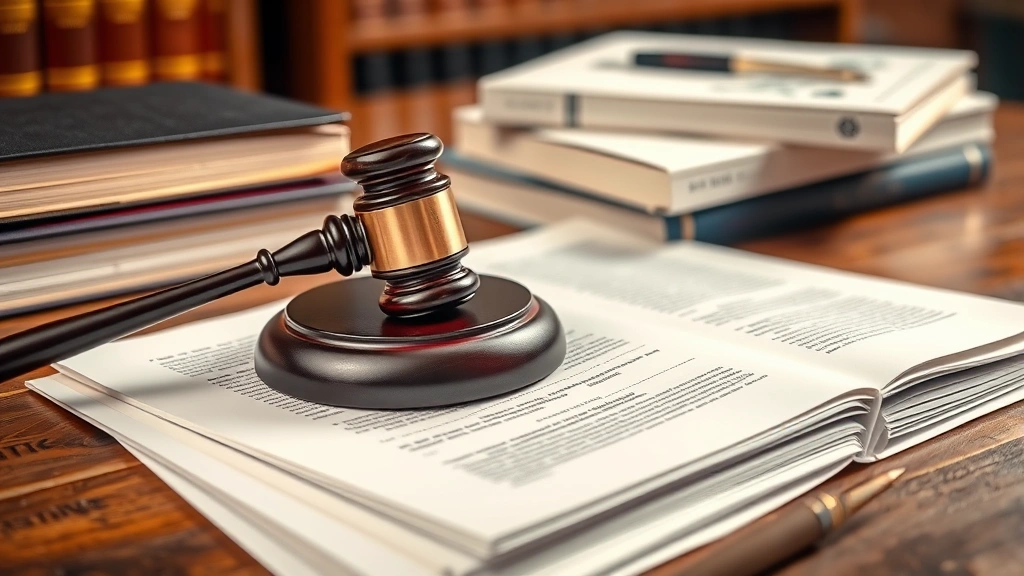 Gavel resting on legal documents and law books stacked on wooden desk, professional office lighting, close-up detail shot, no visible text on pages, photorealistic