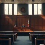 Courtroom interior with judge's bench, empty jury box, professional legal setting with wooden panels, dramatic lighting from tall windows, scales of justice visible on wall, photorealistic modern courthouse architecture