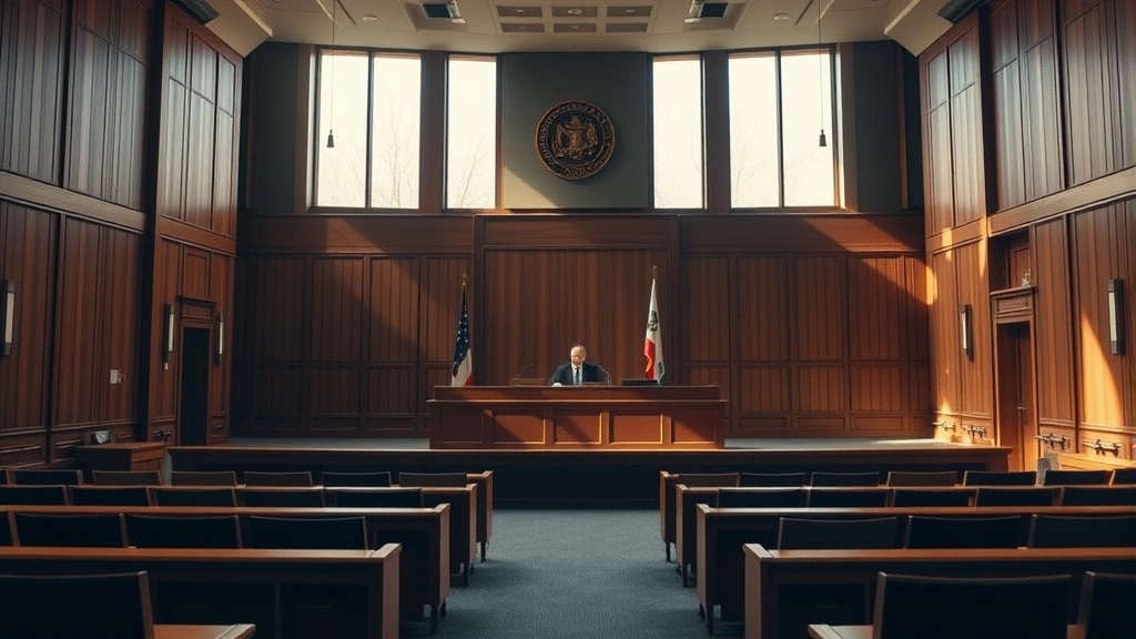 Courtroom interior with judge's bench, empty jury box, professional legal setting with wooden panels, dramatic lighting from tall windows, scales of justice visible on wall, photorealistic modern courthouse architecture