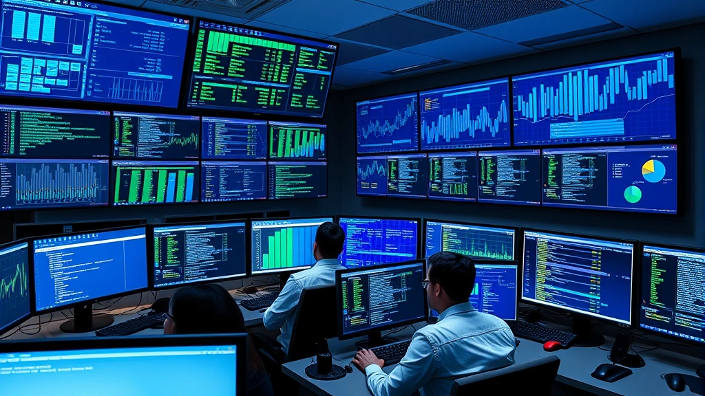 Cybersecurity operations center with multiple computer monitors displaying data analytics, digital forensics specialists working at desks, network security visualizations on screens, professional IT security environment, blue and green data streams, no text or UI elements visible