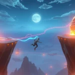 A skilled player character performing an acrobatic ink dash ability across a gap between two glowing floating islands, with dynamic squid energy trails and distant sky horizons