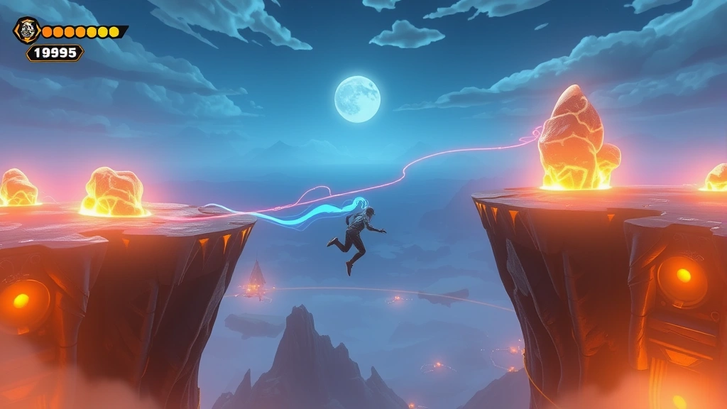 A skilled player character performing an acrobatic ink dash ability across a gap between two glowing floating islands, with dynamic squid energy trails and distant sky horizons